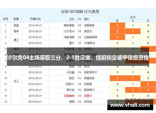 沙尔克04主场豪取三分，2-1胜汉堡，提前锁定德甲保级资格